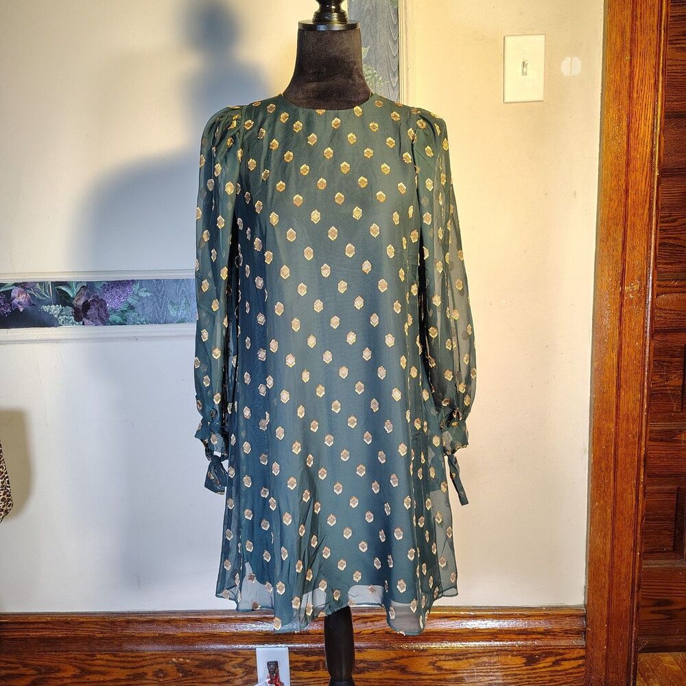 Calvin Klein Green & Gold Clip-dot Chiffon Shift Dress W Long Balloon Sleeves w